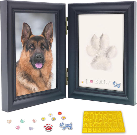 Dog or Cat Paw Print Frame Kit with Trinkets,Large Pawprint Area,Pet Paw Print Impression Kit with Sofe Clay,Wooden Dog Picture Frame,Personalized Gift Keepsake for Pet Lovers-Large Black