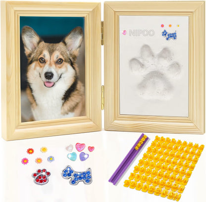 Dog or Cat Paw Print Kit with Trinkets & Name Stamp,2 Clay Pet Paw Print Impression Kit,Wooden Dog Picture Frame,Personalized Gift Keepsake for Pet Lovers-Wood