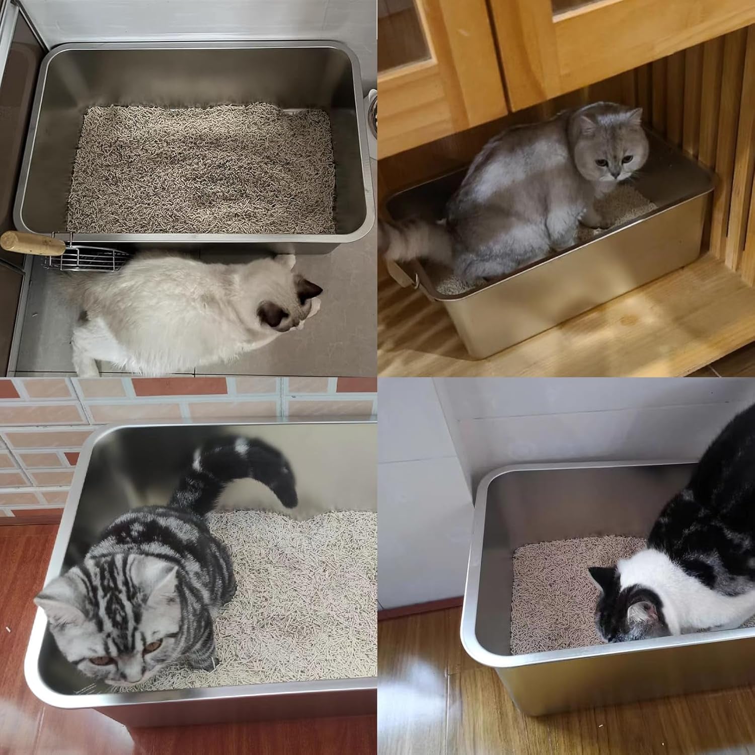 Stainless Steel Litter Box for Kitten, Low Entry Open Metal Litter Pan for Kittens Smooth Surface Durable Litter Pan (17.7" X 13.8" X 3.9") (S-Silver-2PCS)