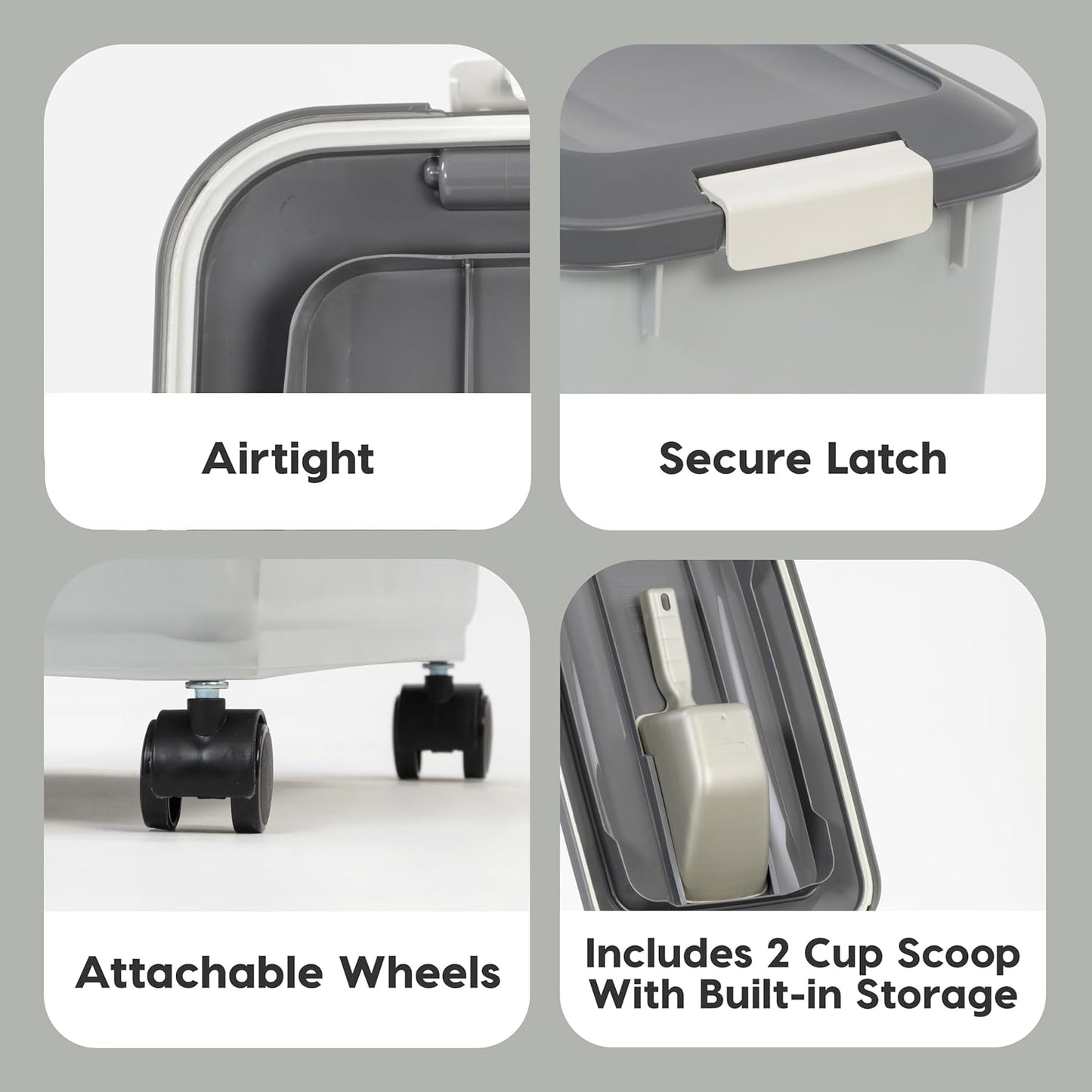 IRIS USA Dog Food Storage Container with Wheels, Airtight Lid, 2-Cup Scoop, Up to 54 Pounds Pet Food Storage, Built in Scoop Storage in Lid, Versatile Pet Food Bin, Portable, BPA Free, Gray/Dark Gray