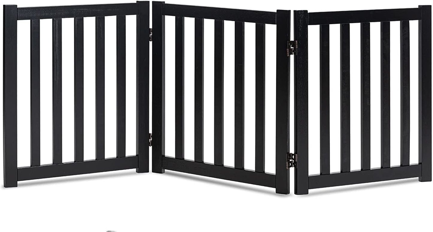 LZRS Solid Hardwood Freestanding Pet Gate,Wooden Dog Gates for Doorways,Nature Wood Dog Gates for the House,Dog Gate for Stairs,Freestanding Indoor Gate Safety Fence,Black,24" Height-3 Panels