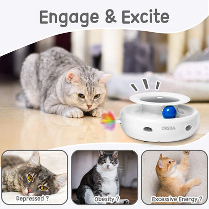 ORSDA 2in1 Interactive Toys for Indoor Cats, Timer Auto On/Off, Cat Toy Balls & Ambush Electronic Cat Mice Toy for Entertainment with 6pcs Feathers, Dual Power Supplies