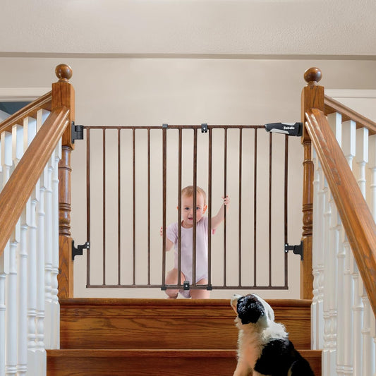 Babelio 26-43" No Bottom Bar Baby Gate for Babies, Elders and Pets, 2-In-1 Auto Close Dog Gate for the House, Stairs and Doorways, Safety Pet Gates with Large Walk Thru Door, Black Wood Pattern