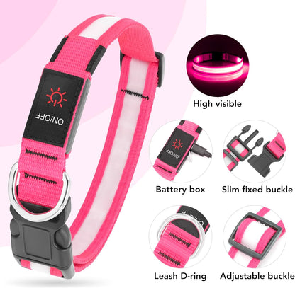 LED Dog Collar, Light up Dog Collar Adjustable USB Rechargeable Super Bright Safety Light Glowing Collars for Dogs (Medium, Pink)