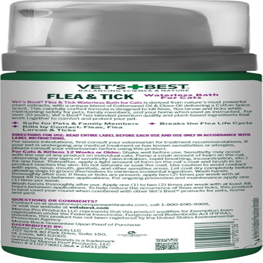 Vet’S Best Flea & Tick Waterless Bath for Cats – Cat Waterless Bath – Cotton Spice Scent – Natural Flea and Tick Prevention – Kills Fleas & Ticks on Contact – 8Oz