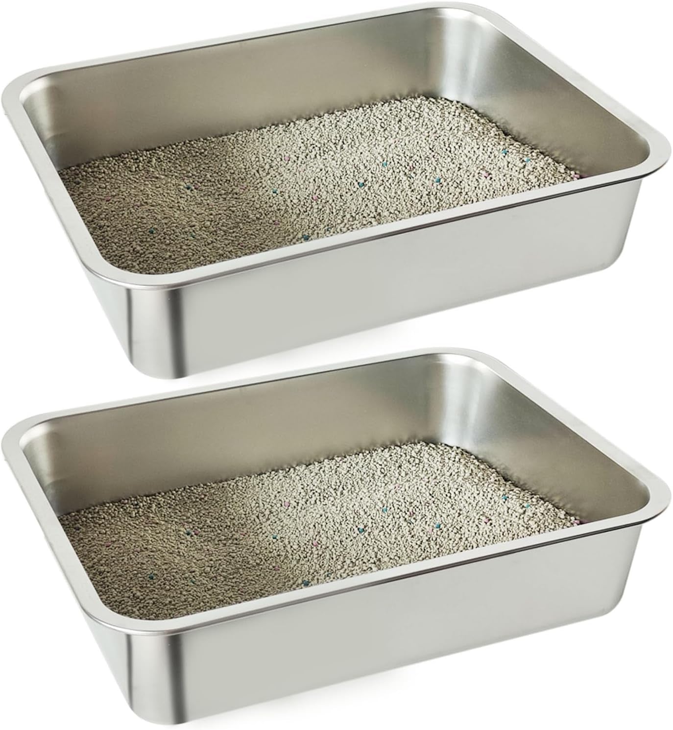 Stainless Steel Litter Box for Kitten, Low Entry Open Metal Litter Pan for Kittens Smooth Surface Durable Litter Pan (17.7" X 13.8" X 3.9") (S-Silver-2PCS)