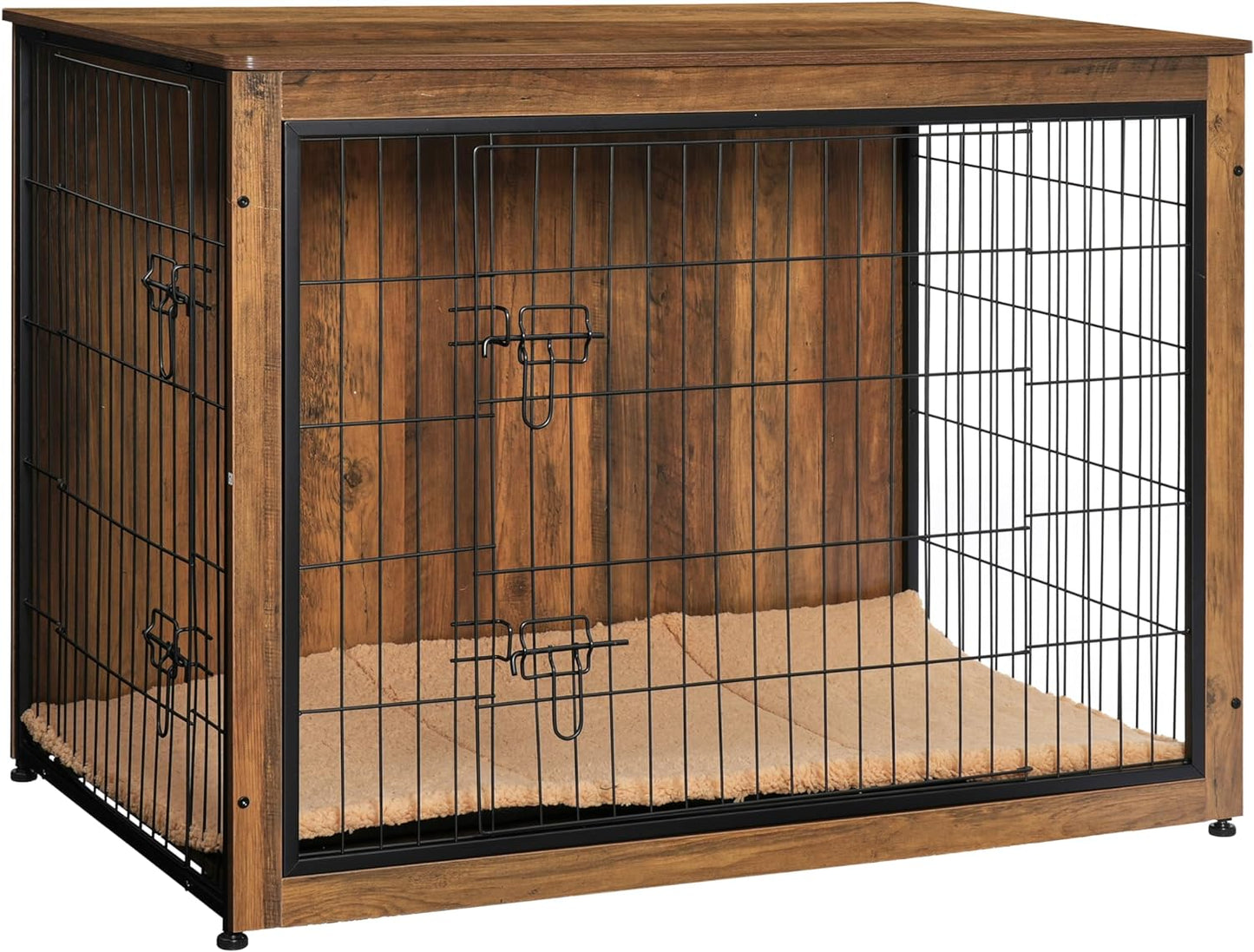 DWANTON Dog Crate Furniture with Cushion, XL Wooden Dog Crate with Double Doors, Large Dog Crate Furniture, Dog Kennel Indoor, Dog House, Extra Large, 43.3" L, Warm Brown