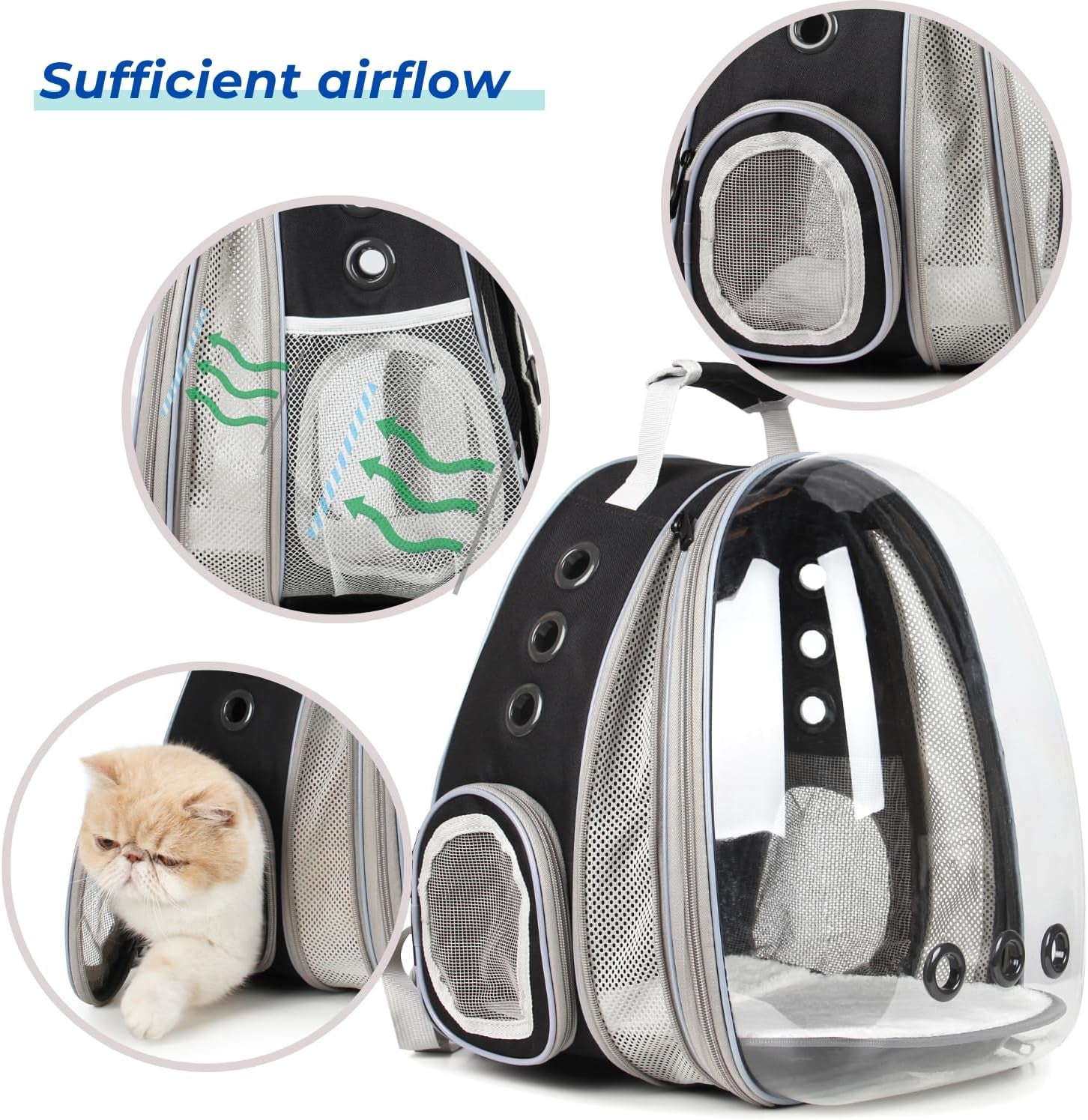 Lollimeow Bubble Expandable Cat Backpack Pet Travel Carrier for Cats and Dogs(Black-Front Expandable)