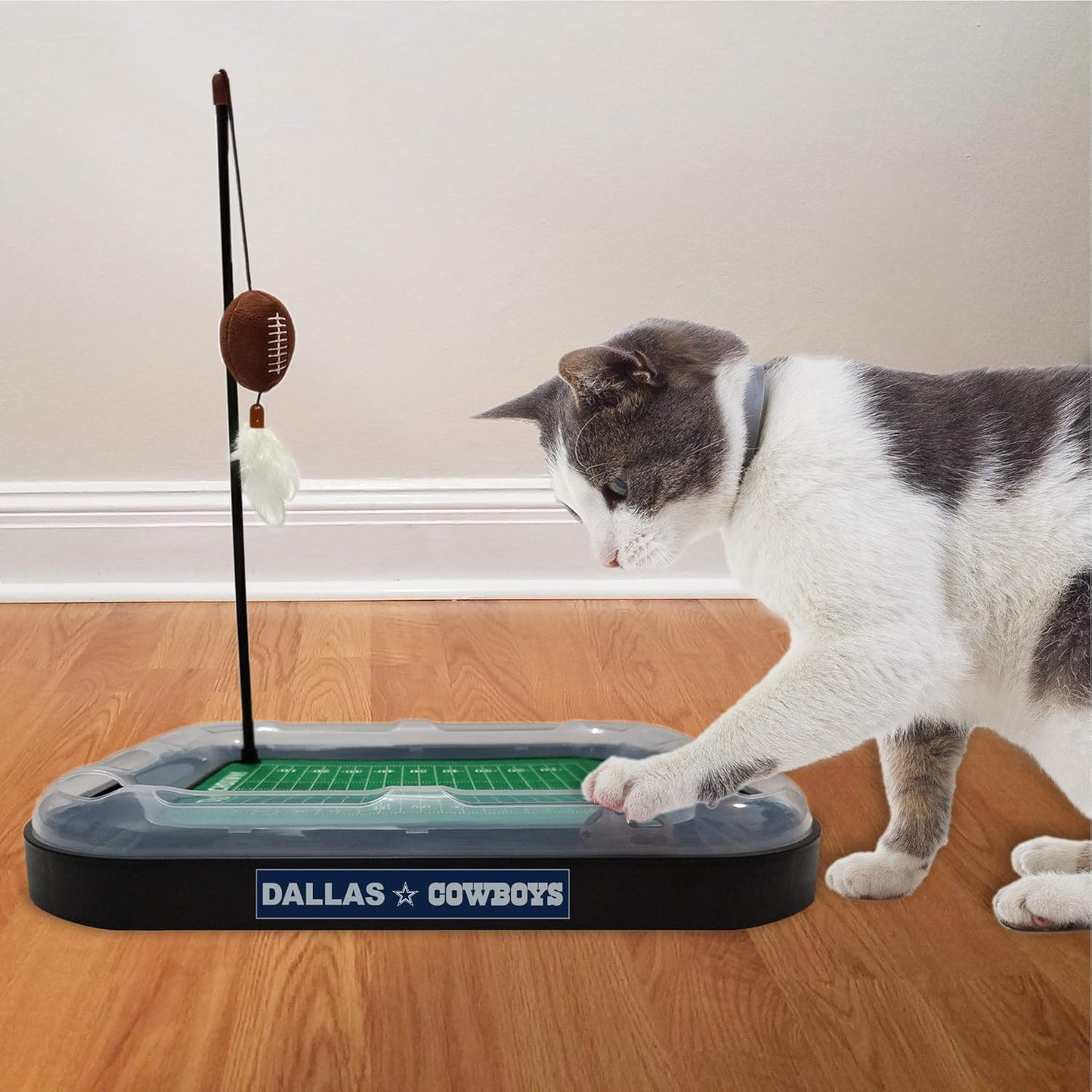 Cat Feather Toy NFL DALLAS COWBOYS FOOTBALL FIELD CAT SCRATCHER TOY with CATNIP Filled Plush FOOTBALL Toy & Feather Cat Toy hanging, with Jingle Bell INTERACTIVE BALL Cat Chasing 5-in-1 KITTY Toy