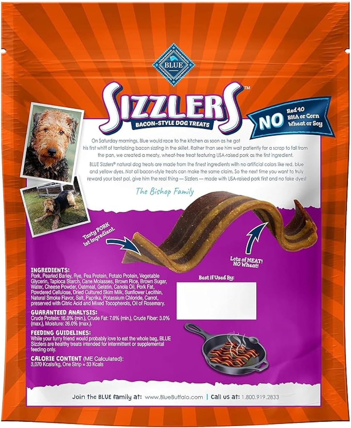 Blue Buffalo Sizzlers Natural Soft Dog Treats, Bacon-Style Soft-Moist Dog Treats with Real USA Pork, Original Flavor, 6-Oz. Bag