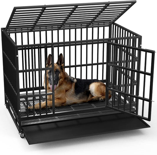 LEMBERI 48/38 Inch Heavy Duty Indestructible Dog Crate, Escape Proof Dog Cage Kennel with Lockable Wheels,High Anxiety Double Door,Extra Large Crate Indoor for Large Dog with Removable Tray