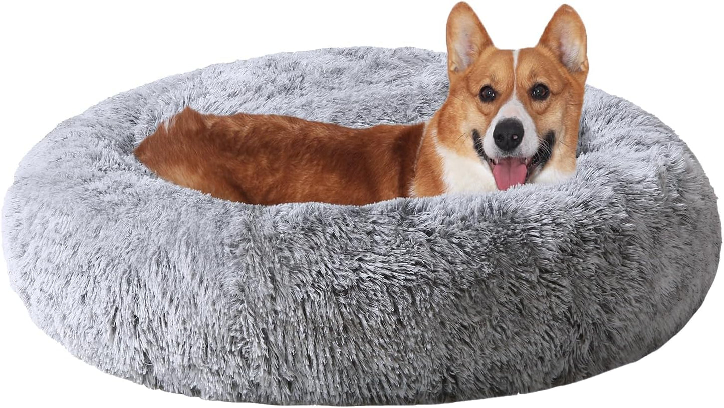 JOLLYVOGUE Calming Donut Dog Bed & Cat Bed, Anti-Anxiety Washable Dog round Bed, Fluffy Faux Fur Plush Dog Cuddler Bed, Warming Cozy Soft Dog Cat Cushion Bed for Small Dogs and Cats (20",Black)