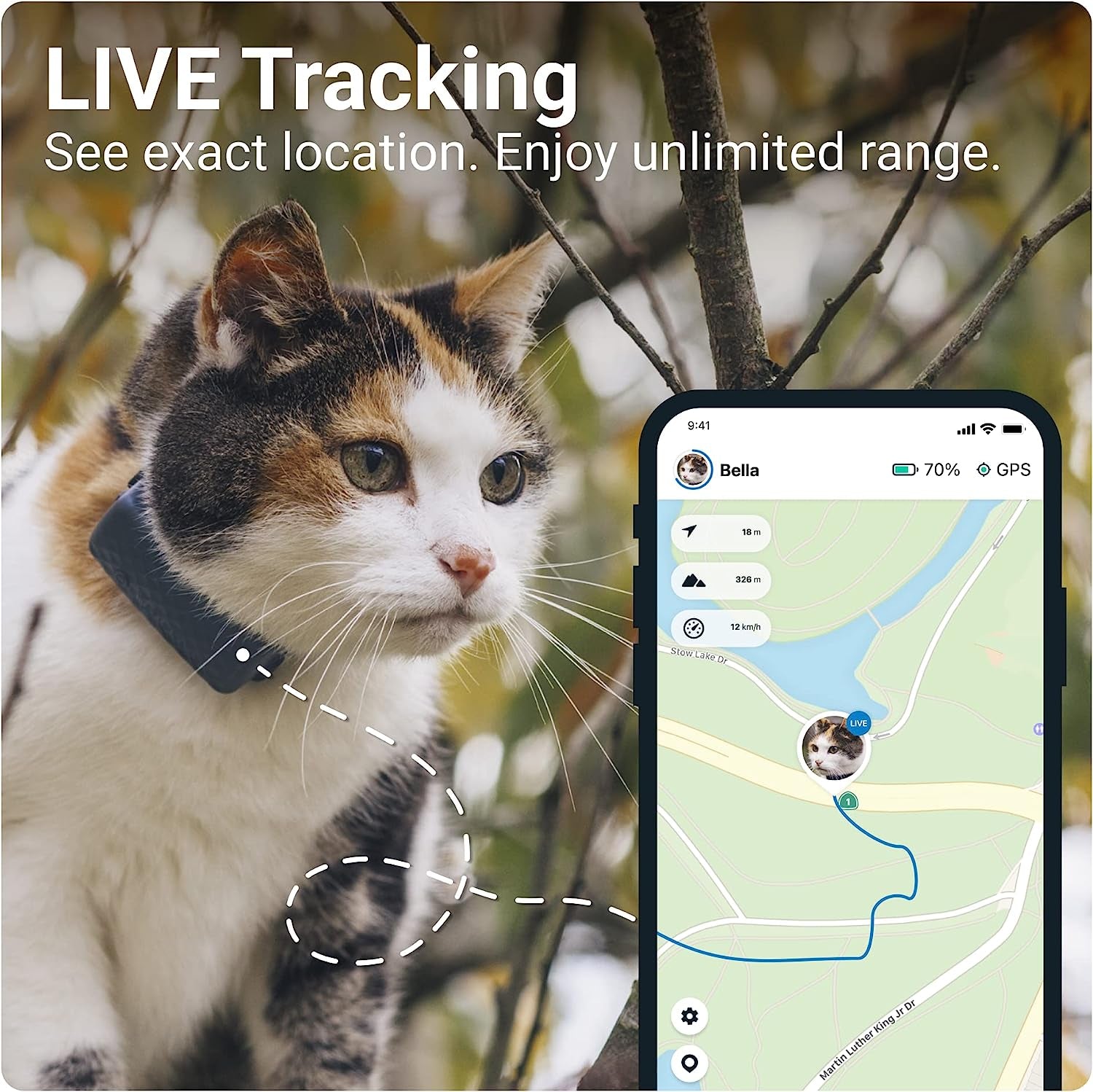 Tractive GPS Tracker & Health Monitoring for Cats (6.5 Lbs+) - Market Leading Pet GPS Location Tracker | Wellness & Escape Alerts | Waterproof | Works with Any Collar (Dark Blue)