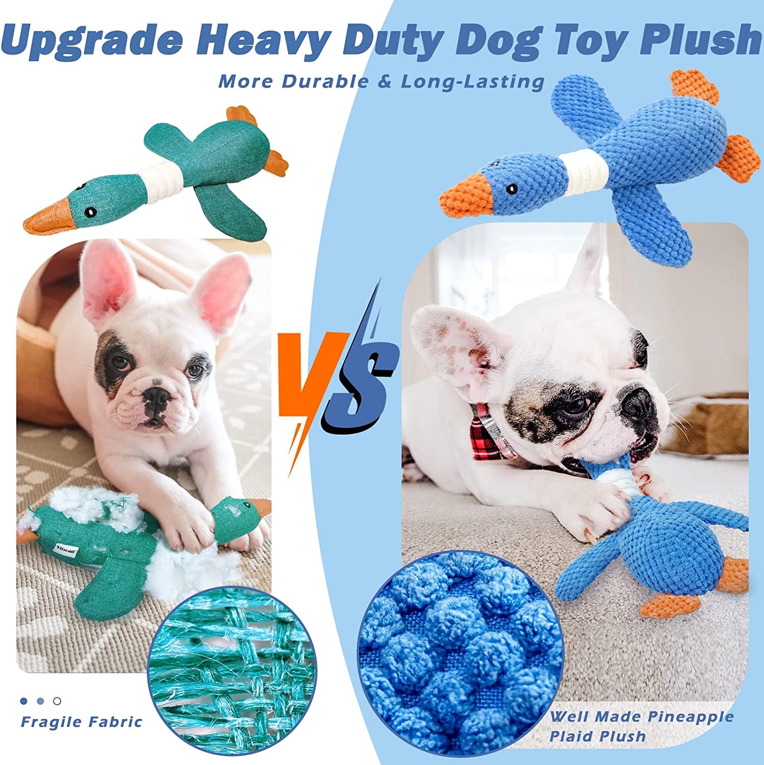 Vitscan Upgraded Goose Indestructible Dog Toys for Aggressive Chewers Small Medium Large Breed, Crinkle Squeaky Plush Dog Puppy Chew Toys for Teething, Duck Puppy Toys