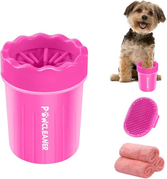 Dog Paw Cleaner, Portable Dog Paw Washer Pet Cleaning Silicone Brush with 3 Absorbent Towel, Pet Foot Cleaner for Small Breed Dogs(Pink)