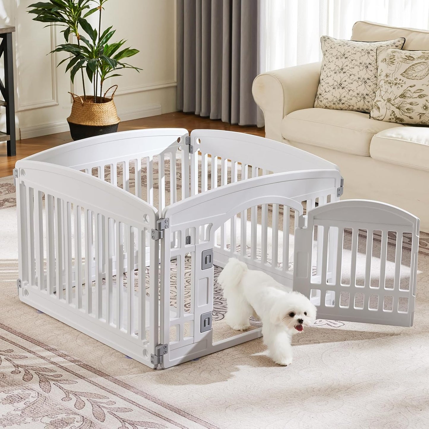 SMUG Dog Playpen 4-Panel 24" | Safe & Secure Indoor/Outdoor Pet Fence | Folding & Portable | 35 x 35 x 24IN, Ideal for Small to Medium Dogs | Easy to Clean （White）