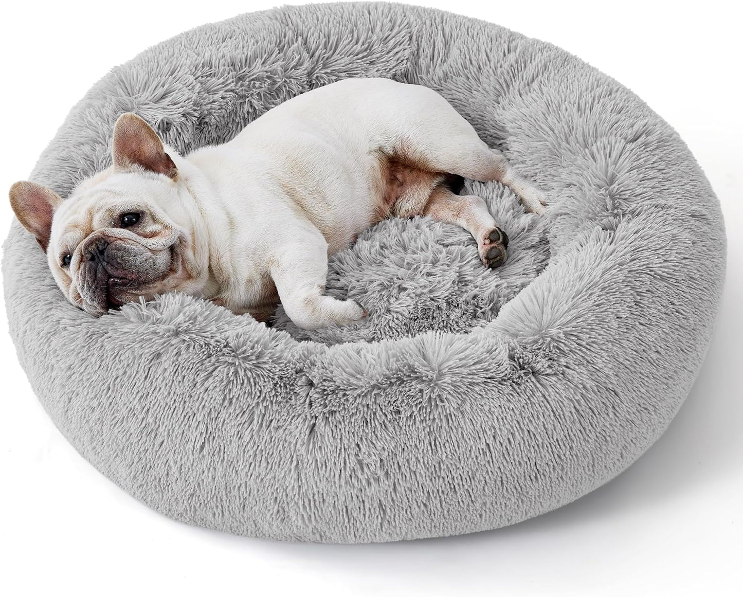 Bedsure Calming Dog Bed for Small Dogs - Donut Washable Small Pet Bed, 23 Inches Anti-Slip round Fluffy Plush Faux Fur Large Cat Bed, Fits up to 25 Lbs Pets, Pale Grey