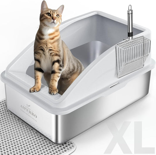 Stainless Steel Litter Box | XL Enclosed Cat Litter Box with Lid for Big Cats | High Sided, Anti-Urine Leakage | Non-Stick Bottom & Includes Litter Mat & Metal Scoop