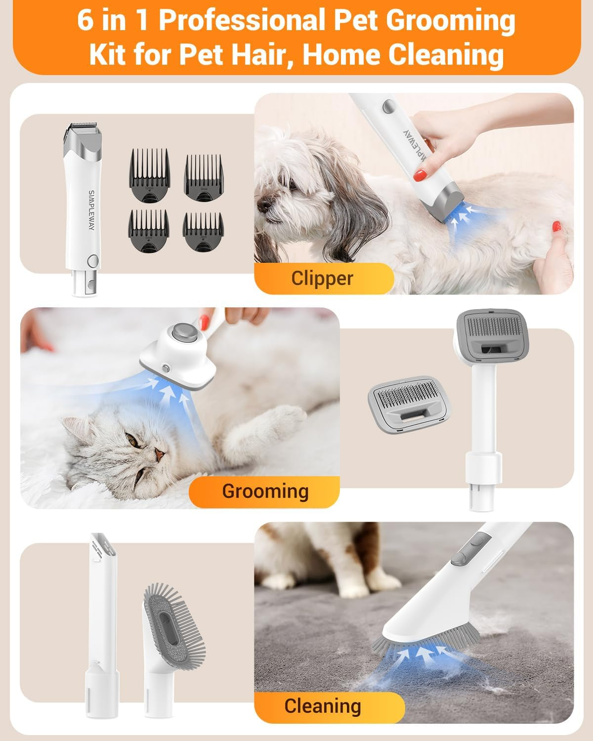 Pet Grooming Vacuum, 6 in 1 Dog Grooming Kit with 3 Suction Mode and Large Capacity Dust Cup, Dog Vacuum for Shedding Grooming and Pet Vacuum for Dog Hair at Home (White)