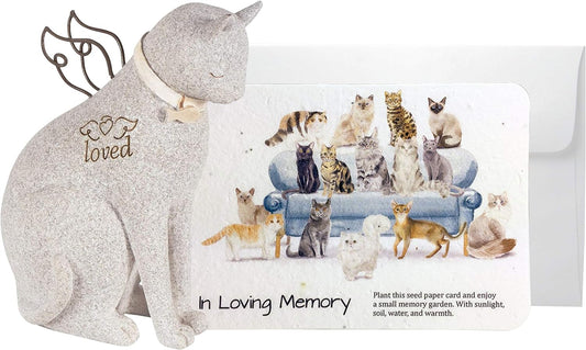 Pet Memorial Gifts Rainbow Bridge Cat Angel Statue Memorial with Handmade in Loving Memory Cat Wildflower Seed Paper Sympathy Cards for Cats Cat Passing Away Gifts Loss of Pet Gifts Bereavement