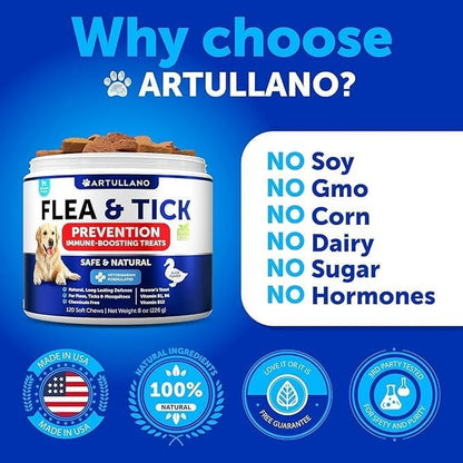 Flea and Tick Prevention for Dogs Chewables - Made in USA - Natural Flea and Tick Supplement for Dogs - Oral Flea Pills for Dogs - Pest Defense - All Breeds and Ages