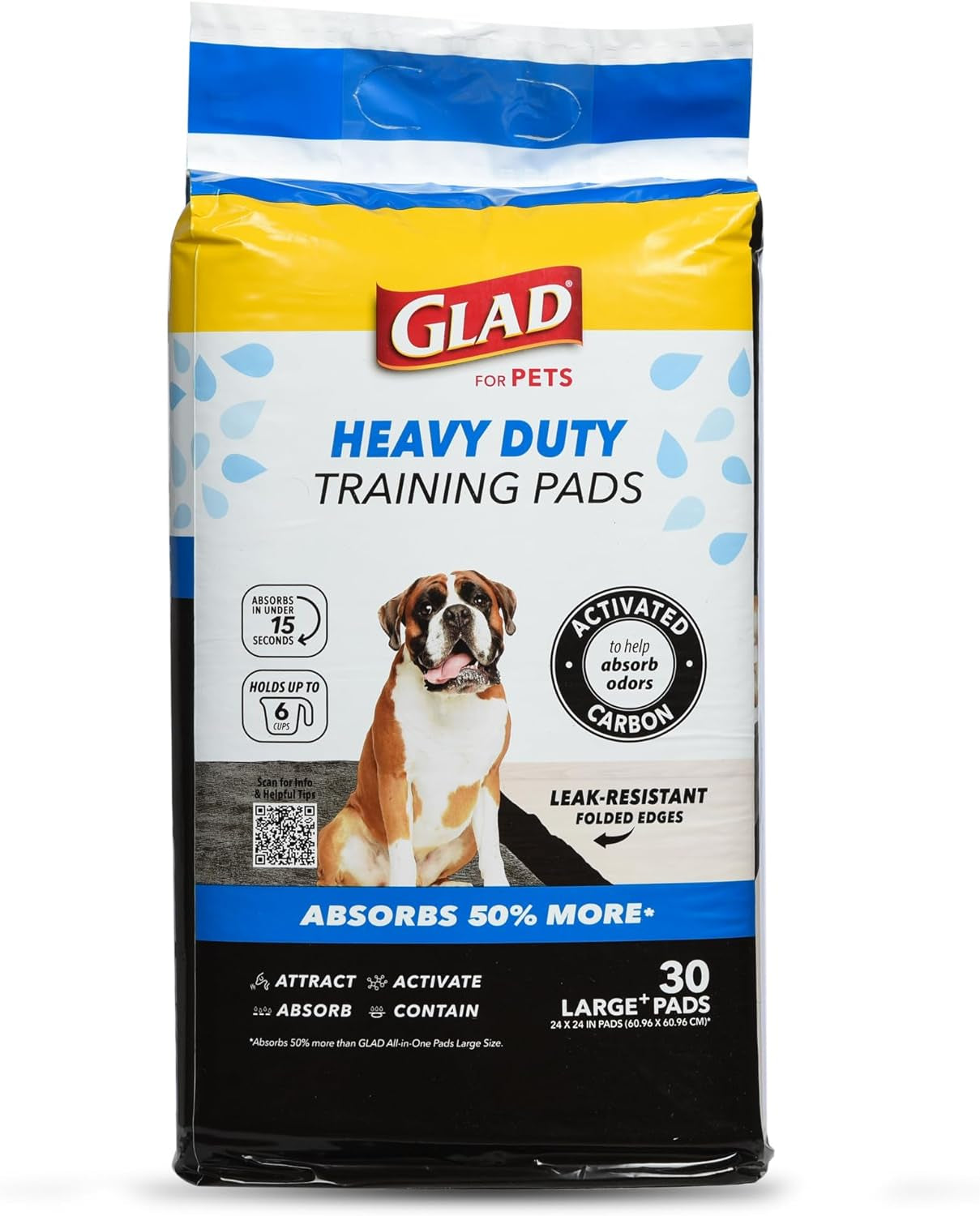 Glad for Pets Heavy Duty Activated Carbon Training Pads, 24" X 24" 30Ct | Ultra Absorbent Training Pads - Absorbs 50% More than Standard Pad in Same Size; Heavy Duty Puppy Potty Training Pads