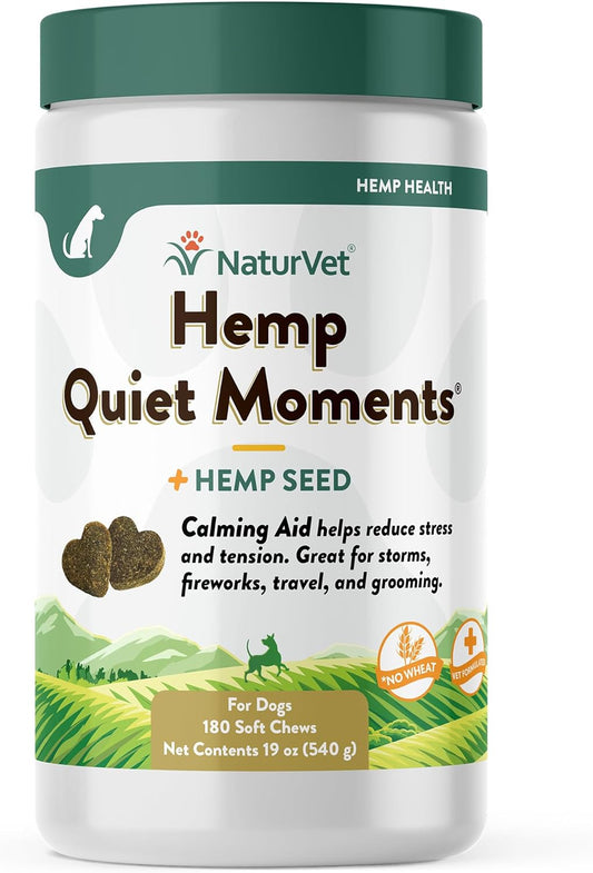 Naturvet Quiet Moments Calming Aid Dog Supplement, Helps Promote Relaxation, Reduce Stress, Storm Anxiety, Motion Sickness for Dogs (Quiet Moments plus Hemp, 180 Soft Chews)