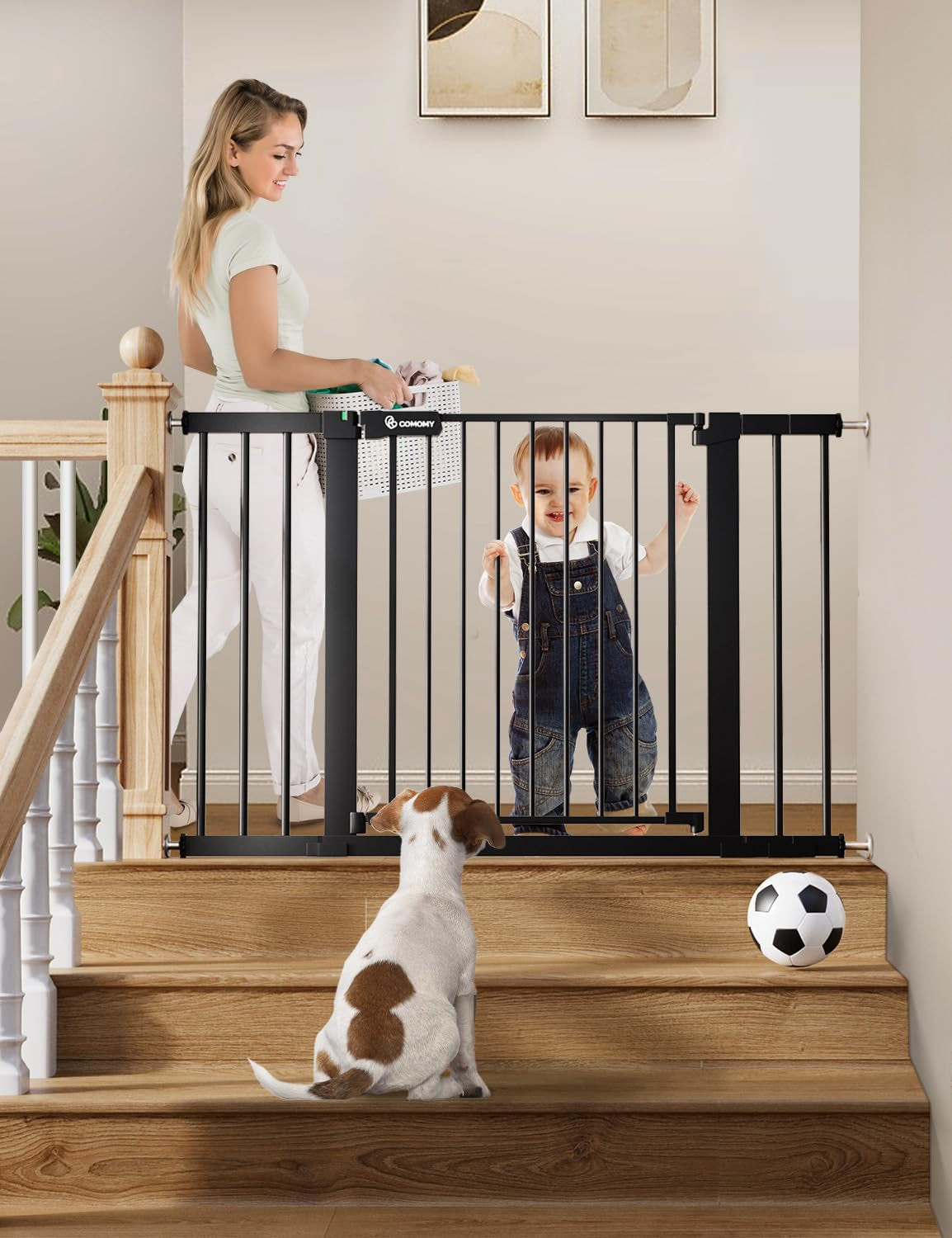 COMOMY 30" Tall Baby Gate for Stairs Doorways, Fits Openings 29.5" to 46" Wide, Auto Close Extra Wide Dog Gate for House, Pressure Mounted Easy Walk through Pet Gate with Door, Black