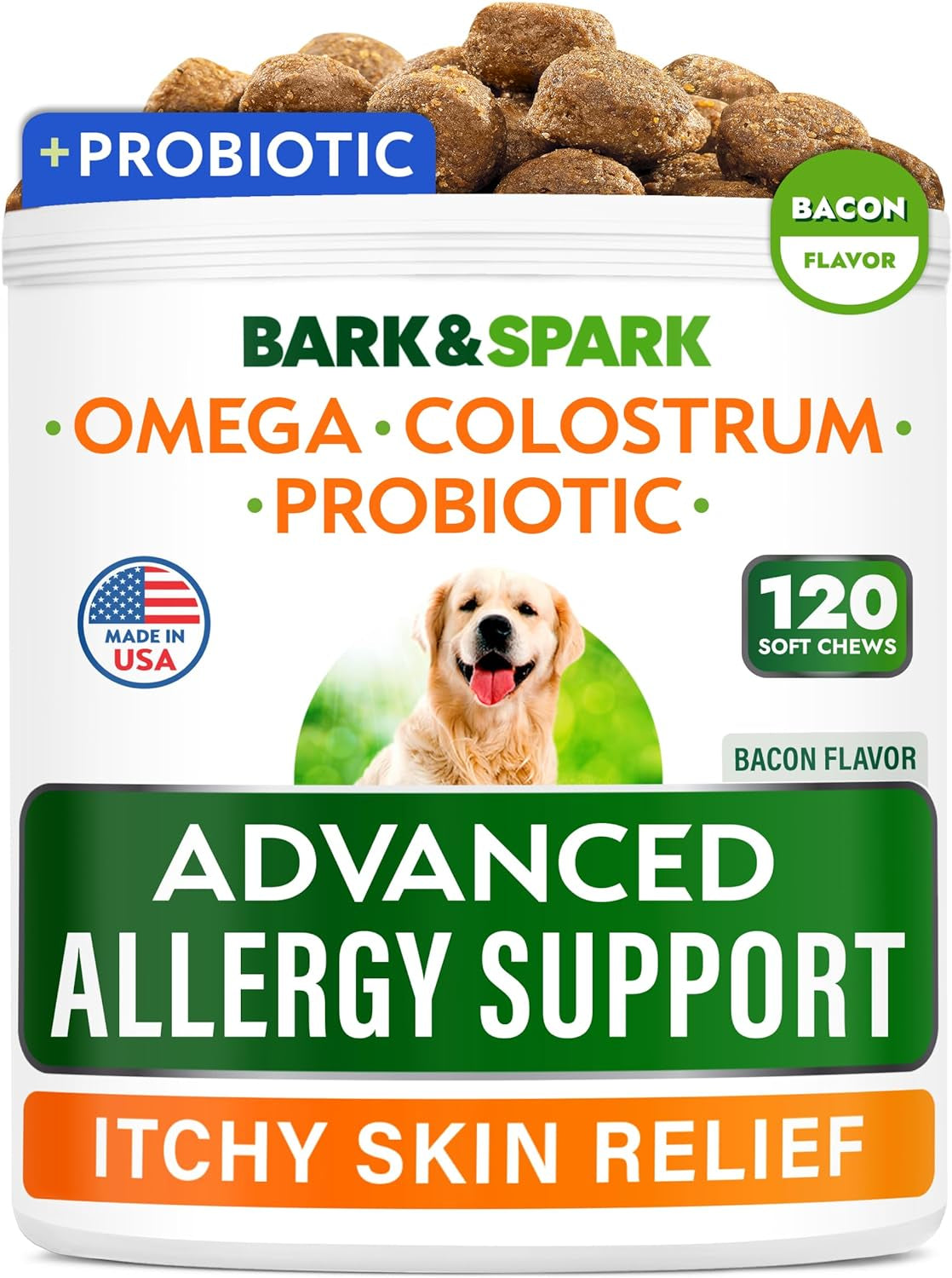 BARK&SPARK Advanced Dog Allergy Itch Relief Chews - Skin Probiotics W/Fish Oil Omega 3 - Itchy Skin Relief Pills - anti Itching Licking - Skin Allergies Treatment Immune Supplement Colostrum-120 Bacon