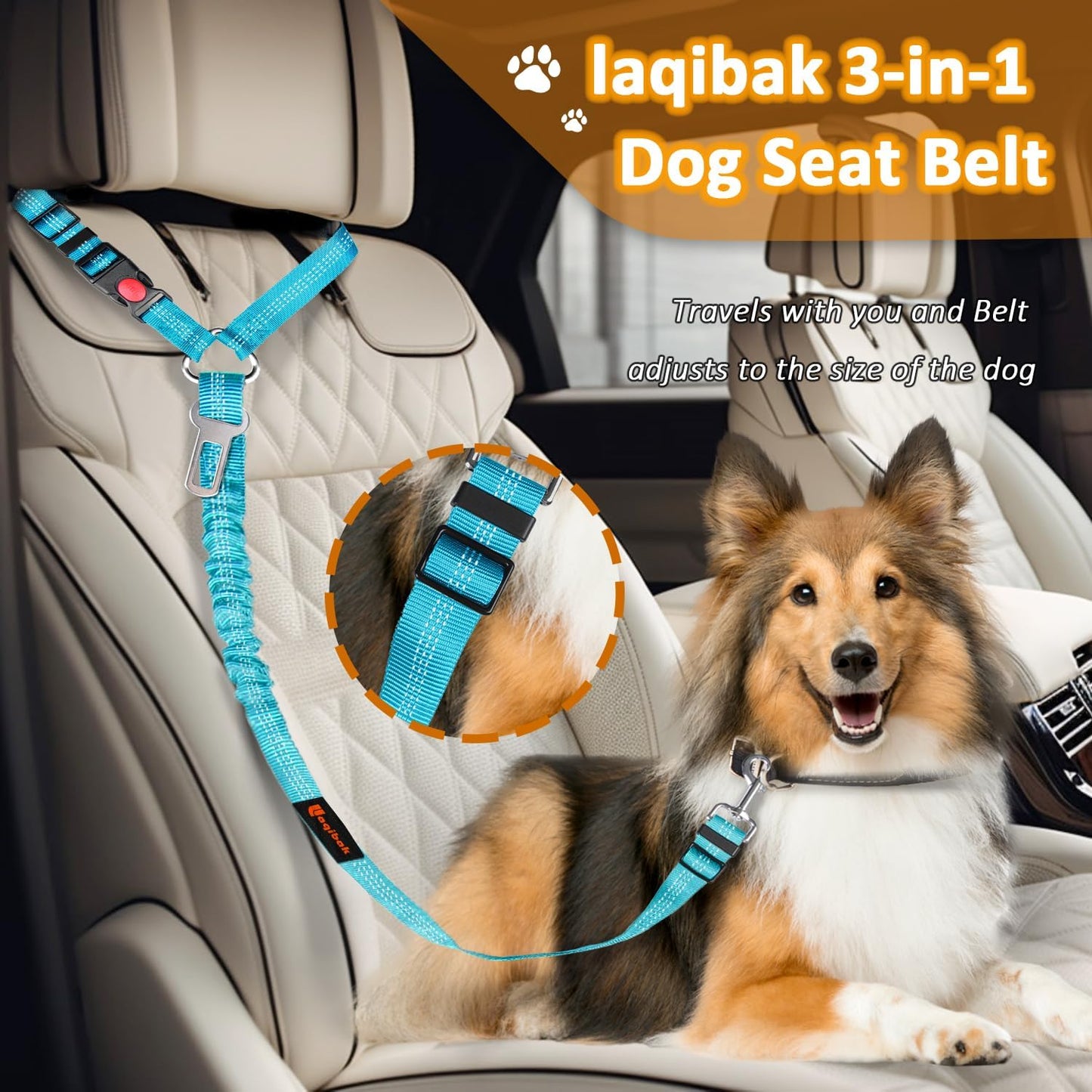 Removable Dog Seat Belt Harness for Car, 3 in 1 Pet Dog Car Seatbelt Leash, Retractable Restraint Secures to Vehicle Headrest & Adjustable Reflective Bungee Dog Seatbelt Tether with Poop Bag Holder