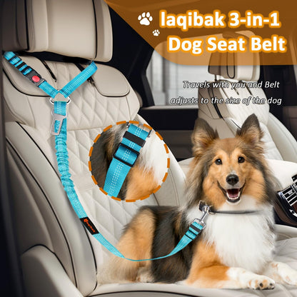 Removable Dog Seat Belt Harness for Car, 3 in 1 Pet Dog Car Seatbelt Leash, Retractable Restraint Secures to Vehicle Headrest & Adjustable Reflective Bungee Dog Seatbelt Tether with Poop Bag Holder