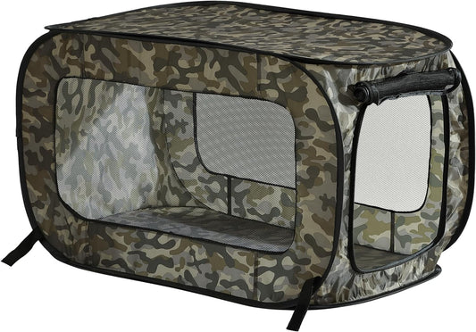 Beatrice Home Fashions Portable, Collapsible, Pop up Kennel Travel Cat and Dog Crate, 32.5" L X 19.5" W X 19.5" H, Camo Green