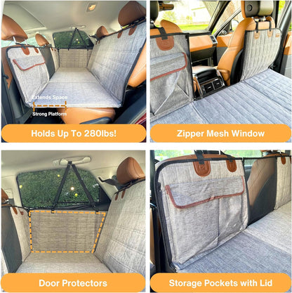 Backseat Extender for Dogs, 100% Waterproof Hard Bottom Dog Car Seat Cover, Seat Extender with Mesh Window and Storage Pockets, Truck SUV Car, Travel Bed