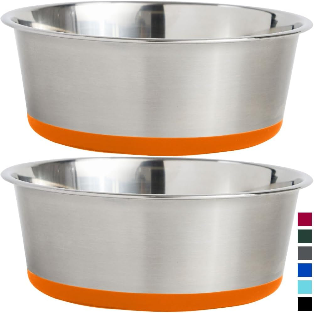 Gorilla Grip Stainless Steel Metal Dog Bowl Set of 2, Rubber Base, Heavy Duty, Rust Resistant, Food Grade BPA Free, Less Sliding, Quiet Pet Bowls for Cats and Dogs, Holds 4 Cups (32 Fl Oz), Orange