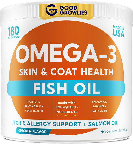 Omega 3 Fish Oil for Dogs (180 Ct) - Skin & Coat Chews - Dry & Itchy Skin Relief + Allergy Support - Shiny Coats - EPA&DHA Fatty Acids - Natural Salmon Oil Chews Promotes Heart, Hip & Joint Support