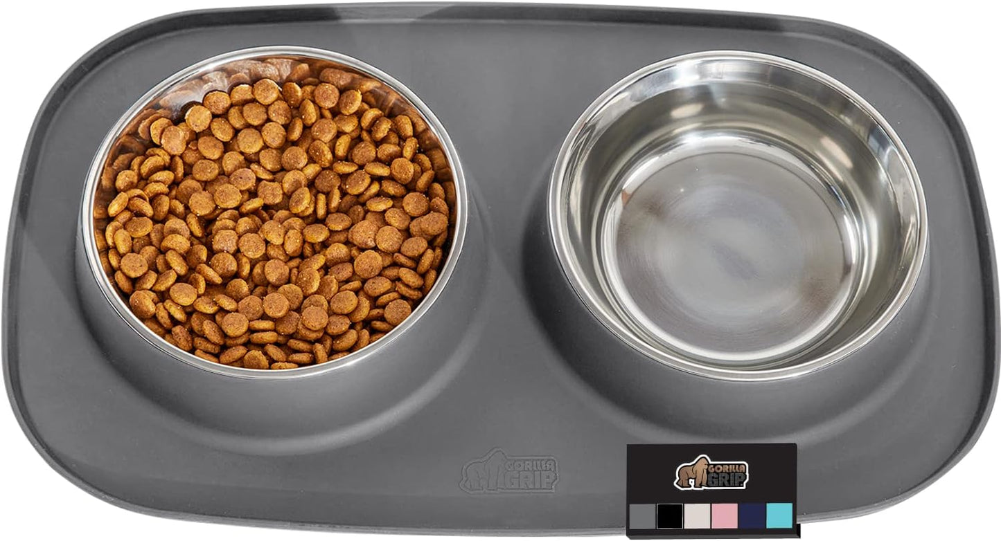 Gorilla Grip 100% Waterproof BPA Free Cat and Dog Bowls Silicone Feeding Mat Set, Stainless Steel Bowl Slip Resistant Raised Edges, Catch Water, Food Mess, No Spills, Pet Accessories, 1 Cup, Gray