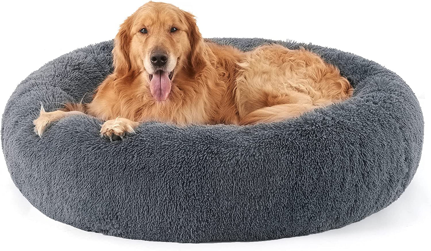 Bedsure Calming Dog Bed for Extra Large Dogs - Donut Washable Large Pet Bed, 45 Inches Anti-Slip round Fluffy Plush Faux Fur Dog Bed, Fits up to 125 Lbs Pets, Grey