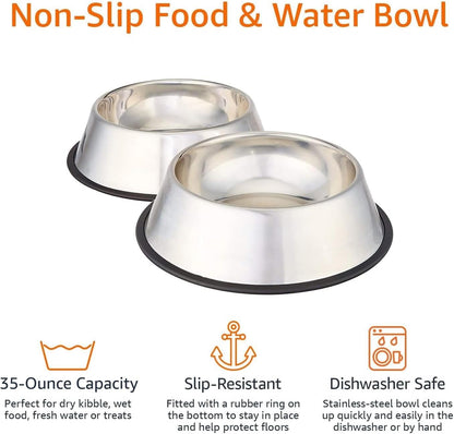 Amazon Basics Stainless Steel Non-Skid Pet Dog Water and Food Bowl, 2-Pack (10 X 2.8 Inches), Each Holds up to 4 Cups