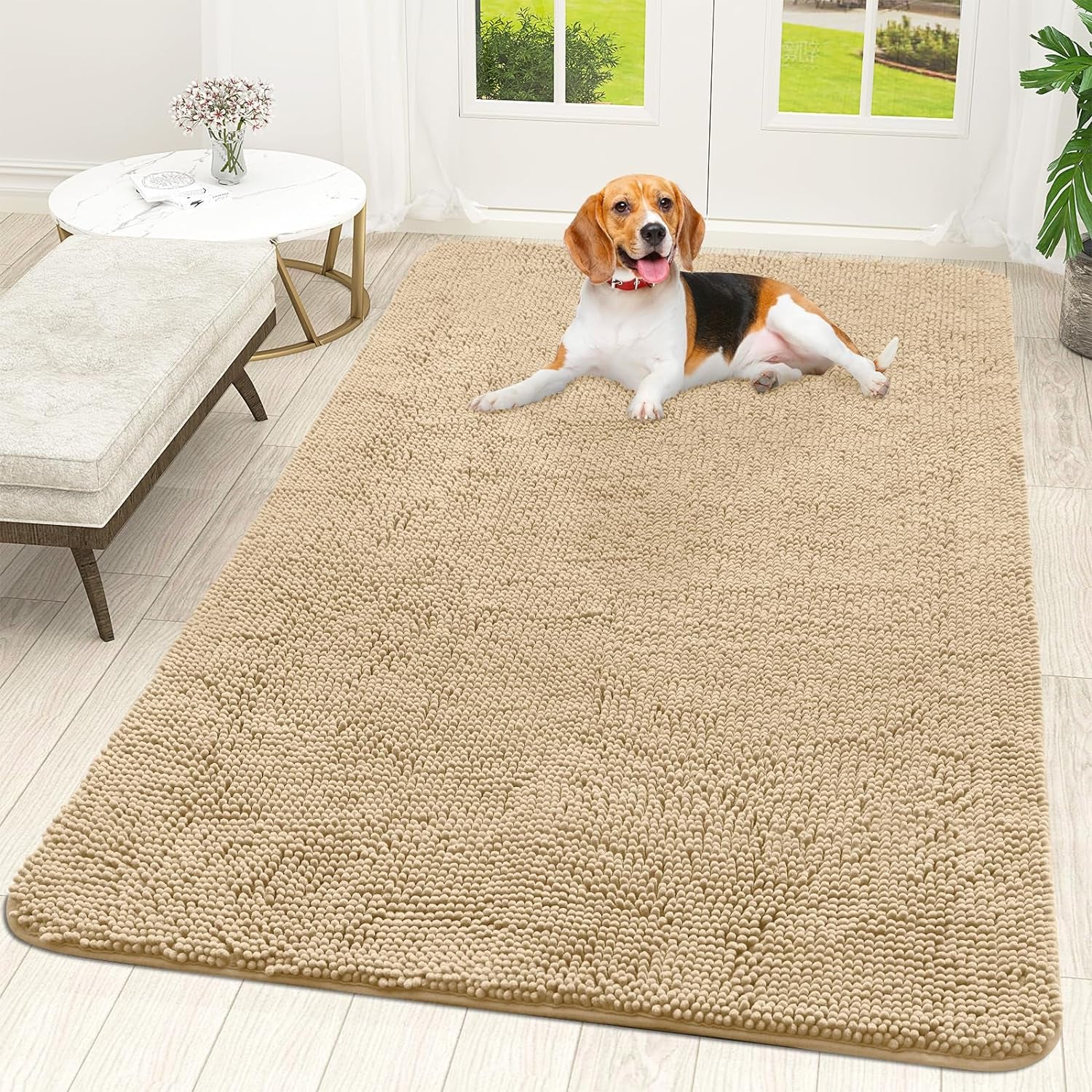 OLANLY Dog Door Mat for Muddy Paws, Absorbs Moisture and Dirt, Non-Slip Washable Mat, Quick Dry Microfiber, Mud Mat for Dogs, Entry Indoor Door Mat for inside Floor(59X35 Inches, Beige)