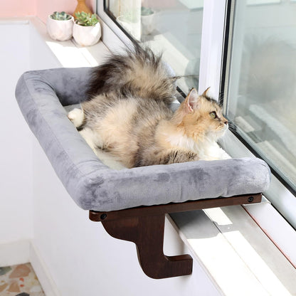 Cat Perch for Window Sill with Bolster - Orthopedic Hammock Design with Premium Hardwood & Robust Metal Frame - Cat Window Seat for Large Cats and Kittens - Dark Stained Wood with Gray Bed