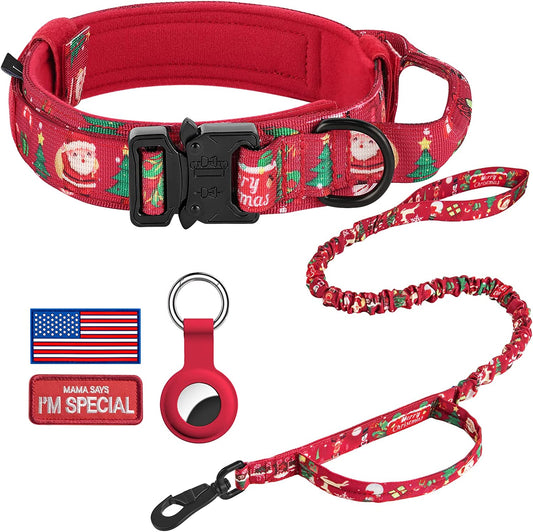 DAGANXI Tactical Dog Collar, Adjustable Military Training Nylon Dog Collar with Control Handle and Heavy Metal Buckle for Medium and Large Dogs, with Patches and Airtags Case (M, Christmas Red-Set)