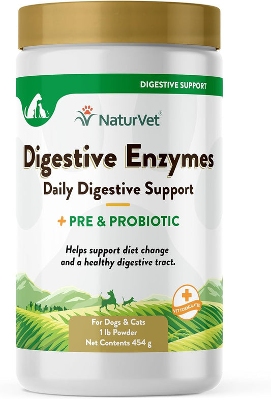 Naturvet – Digestive Enzymes - plus Probiotics & Prebiotics – Helps Support Diet Change & a Healthy Digestive Tract – for Dogs & Cats – 1 Lb Powder