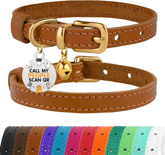 BRONZEDOG Leather Cat Collar with Bell Non Breakaway Kitten QR Tag for Girl Boy (7" - 9" for Cats, Light Brown & Gold)