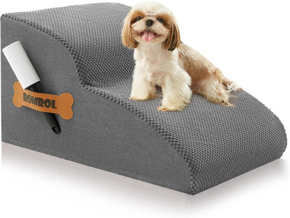 High Density Foam Dog Stairs Ramp for Beds Couches, Romrol Pet Steps with Durable Non-Slip Waterproof Fabric Cover, Dog Slope Stairs Friendly to Small Dogs and Cats or Pets Joints, 2-Tiers