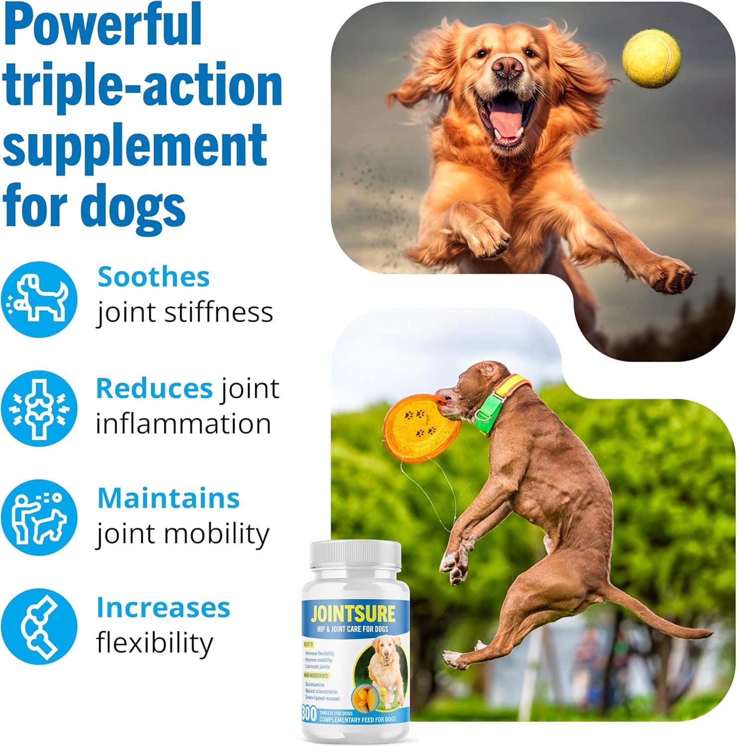 Hip and Joint Supplement for Dogs 300 Tablets | Formulated with Glucosamine & Chondroitin for Dogs | Proven to Improve Mobility & Increase Flexibility | All Breeds & Sizes