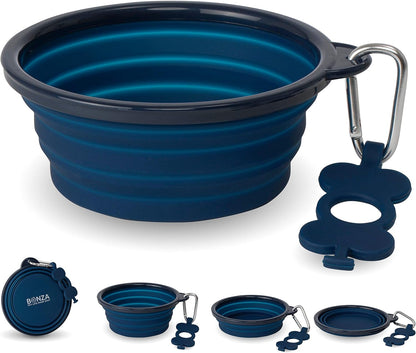 Medium Collapsible Dog Bowl 750 Ml, Sturdy Reinforced Rim, Includes Carabiner & Water Bottle Holder Keychain, Navy