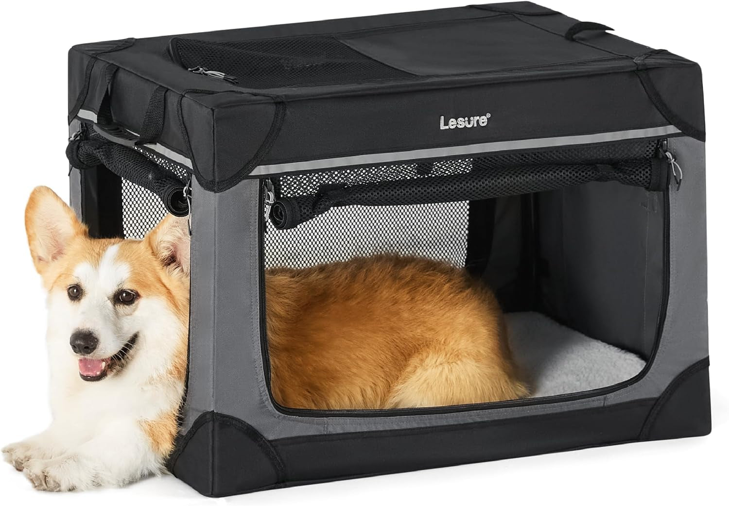 Lesure Soft Collapsible Dog Crate - 26 Inch Portable Travel Dog Crate for Small Dogs Indoor & Outdoor, 4-Door Foldable Pet Kennel with Durable Mesh Windows (Black)