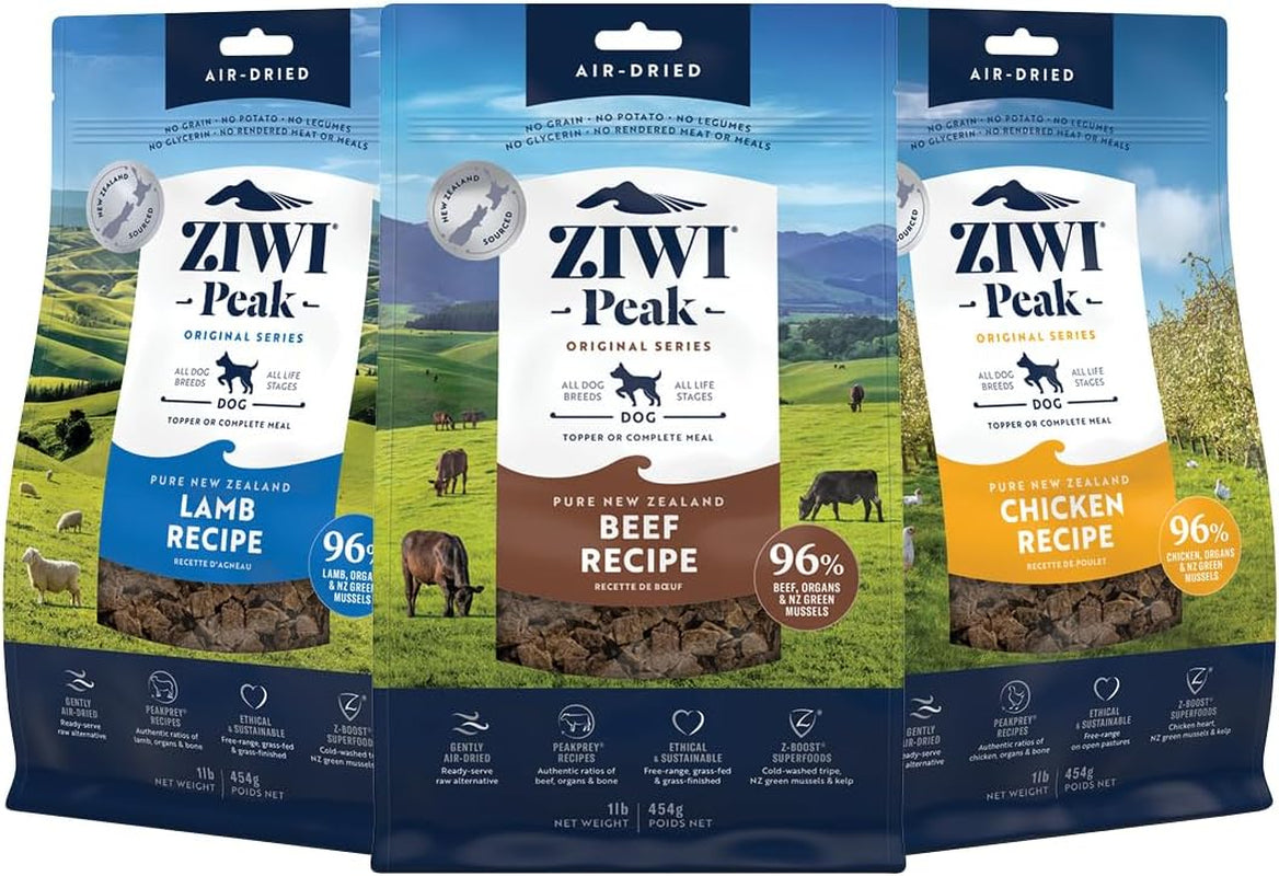 Bundle of ZIWI Peak Air-Dried Dog Food – All Natural, High Protein, Grain Free and Limited Ingredient with Superfoods (Beef, 1.0 Lb + Lamb, 1.0 Lb + Chicken, 1.0 Lb)