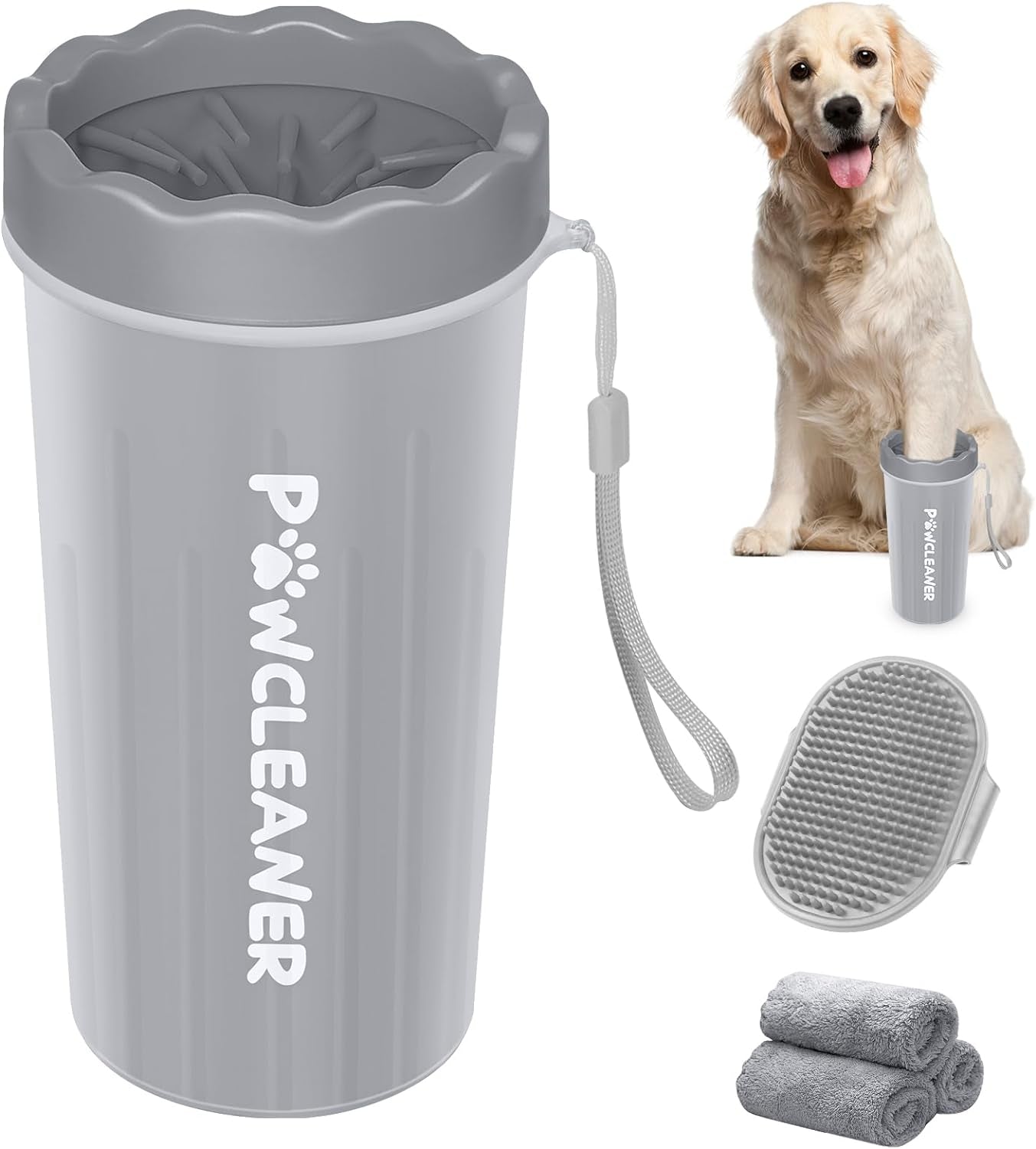 Dog Paw Cleaner for Large Dogs (With Dog Bath Brush&3 Absorbent Towels) Dog Paw Washer, Dog Foot Cleaner, Dog Bath Brush with Adjustable Ring Handle for Long Short Haired Dogs (Large,Grey)