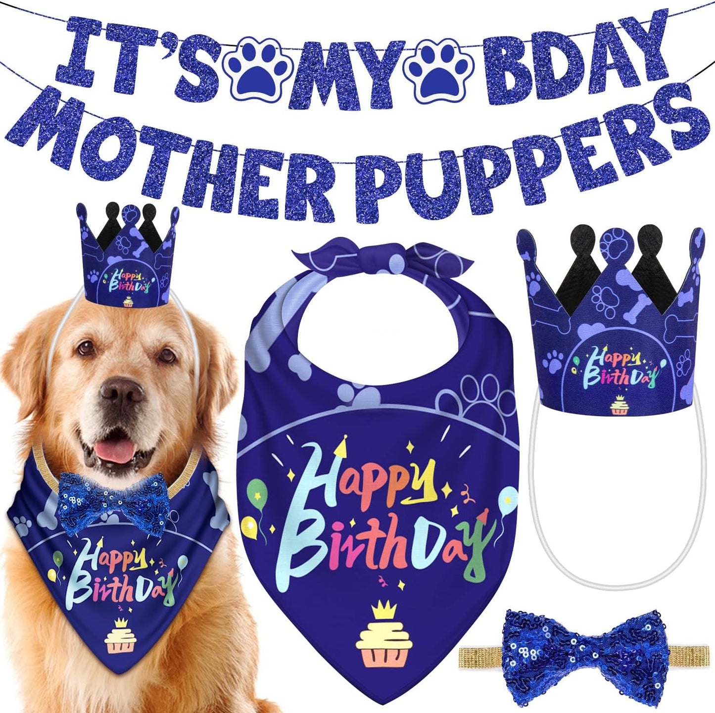 Dog Birthday Bandana Hat Set Dog Birthday Party Supplies Decorations with Cute Dog Bow Tie and Dog Birthday Banner for Small Medium Large Dog Pet